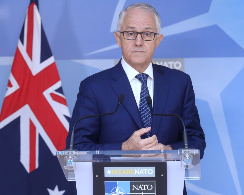 FILE PHOTO: Australian Prime Minister Malcolm Turnbull speaks at a news conference after a meeting with NATO Secretary-General Jens Stoltenberg at the Alliance's headquarters in Brussels