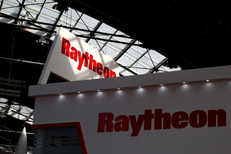 Logo of the U.S. defense company Raytheon is pictured at an international military fair in Kielce