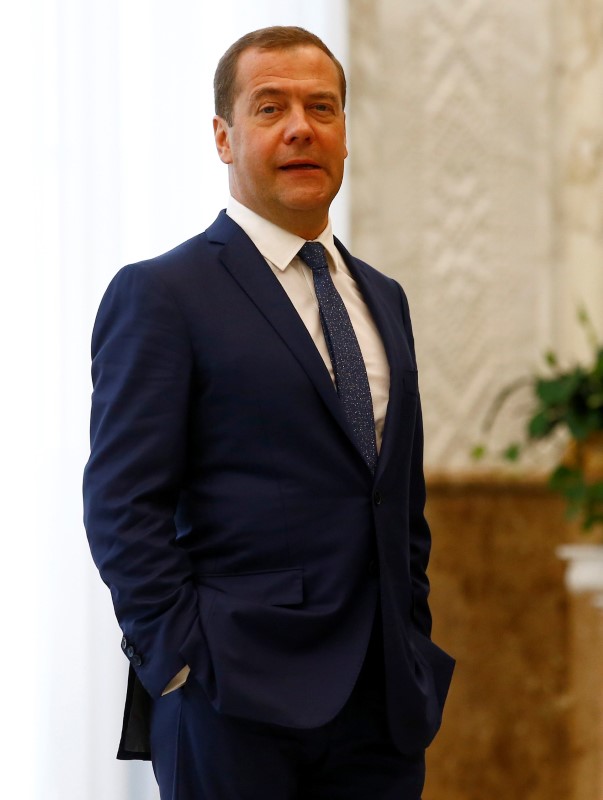Russian Prime Minister Dmitry Medvedev arrives to participate in the state council of the Union State of Russia and Belarus in Minsk
