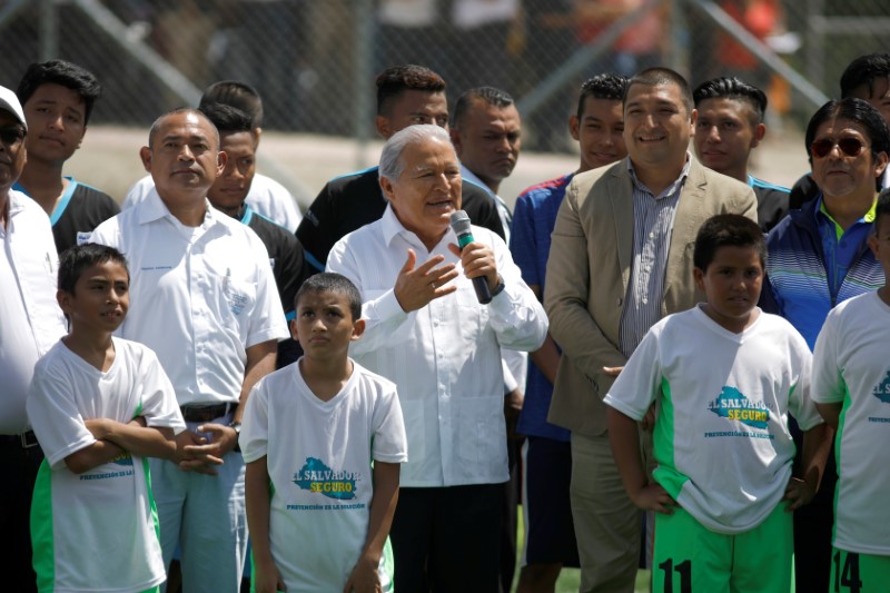 Salvadoran president Salvador Sanchez Ceren participates in the inauguration of a new sports complex at La Campanera neighborhood in Soyapango