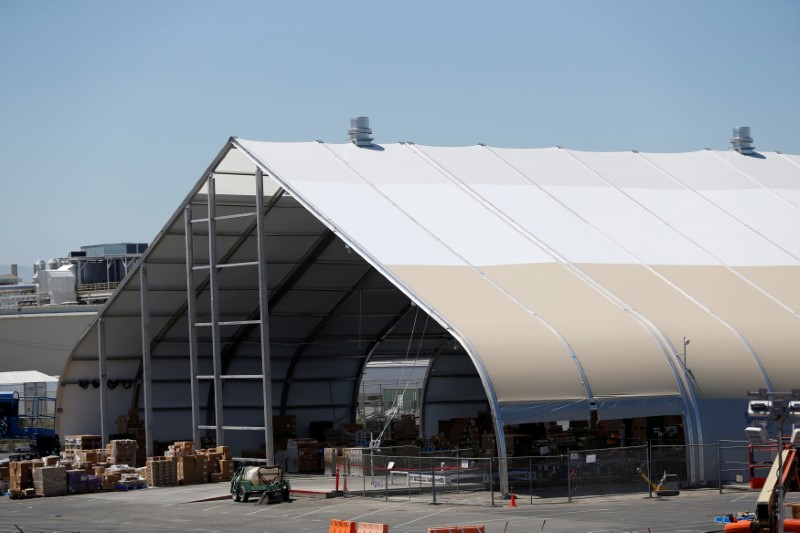 FILE PHOTO: A tent is seen at the Tesla factory in Fremont, California