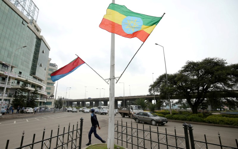 FILE PHOTO: A police officer walks past the flags of Ethiopia and Eritrea ahead of Eritrea's President Isaias Afwerki's visit to Addis Ababa