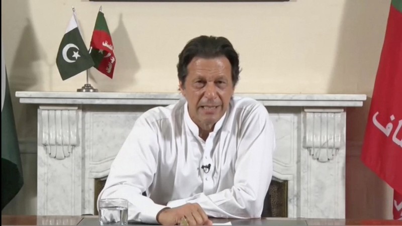 Imran Khan, chairman of PTI, gives a speech as he declares victory in the general election in Islamabad
