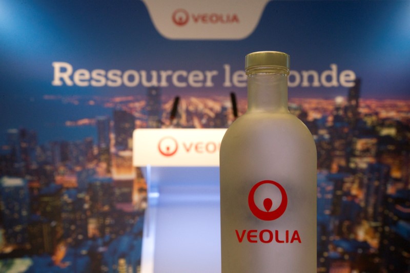 A bottle of water with the logo of Veolia Environnement is pictured during the Veolia Environnement Innovation Day in Paris