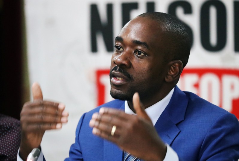 Opposition Movement for Democratic Change (MDC) party leader Nelson Chamisa addresses a media conference in Harare