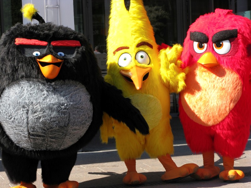 FILE PHOTO: Angry Birds characters Bomb, Chuck and Red are pictured during the premiere in Helsinki, Finland