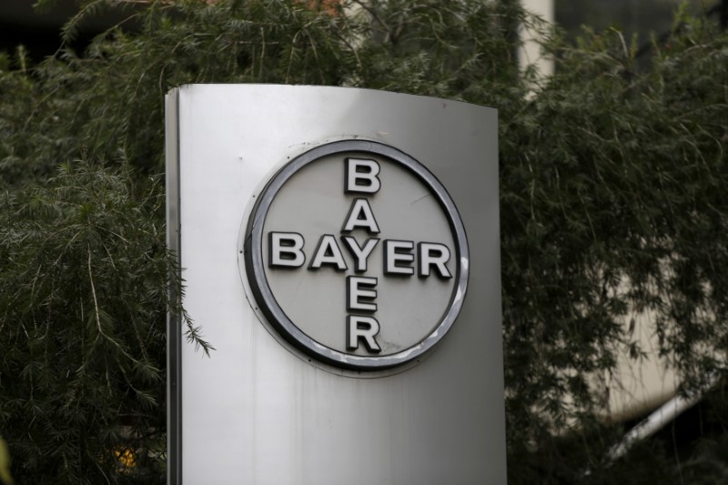 The corporate logo of Bayer is seen at the headquarters building in Caracas