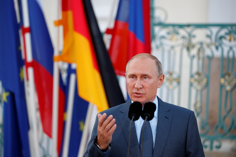 Putin speaks at Meseberg Palace in Gransee
