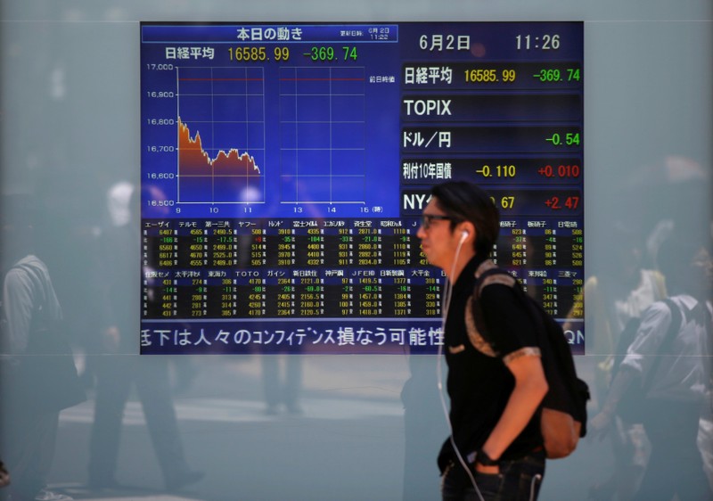 FILE PHOTO: A man walks in front of a screen showing today's movements of Nikkei share average outside a brokerage in Tokyo, Japan