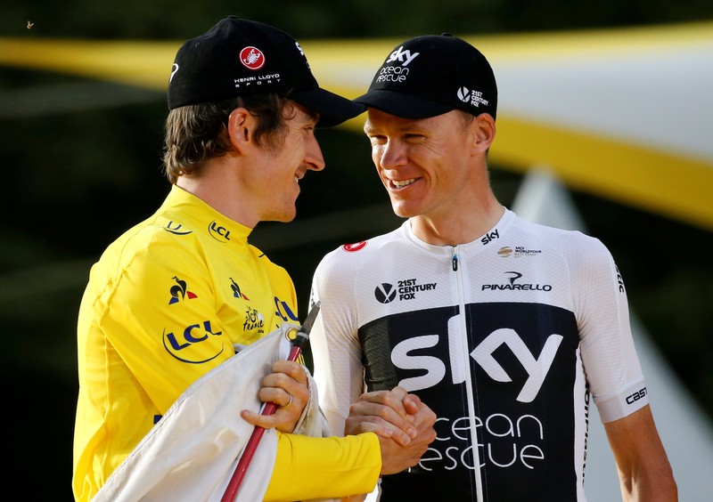 FILE PHOTO: Team Sky rider Geraint Thomas and British compatriot Chris Froome in Paris, France, July 29, 2018