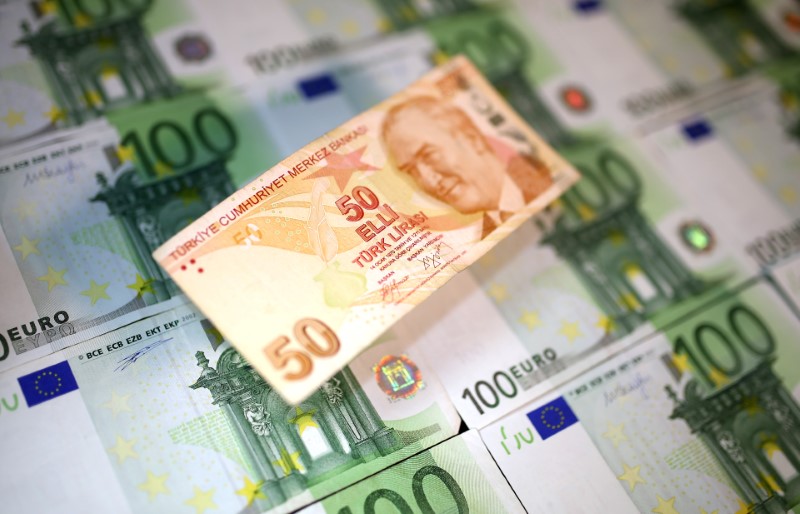 Turkish Lira and Euro banknotes are seen in this picture illustration