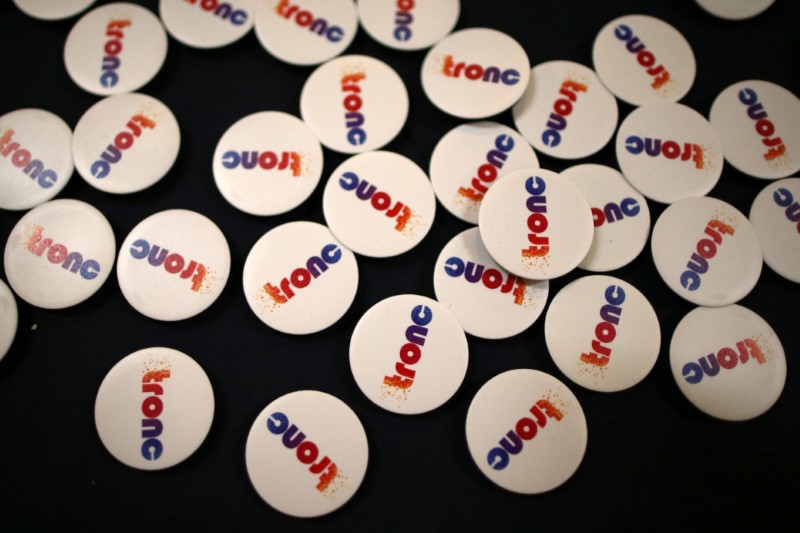 FILE PHOTO: The logo of Tronc Inc (TRNC.O), formerly Tribune Publishing Company, is seen at TechFair LA, a technology job fair, in Los Angeles