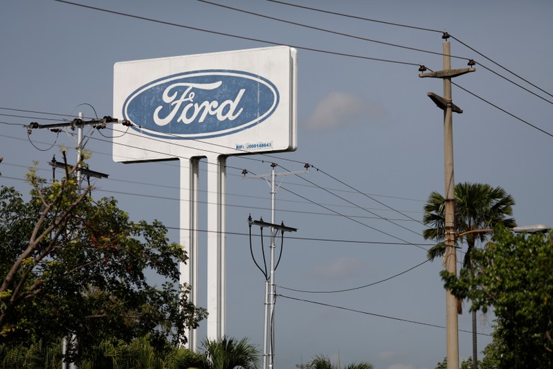 FILE PHOTO - The corporate logo of Ford is seen on a billboard at the facilities of the company in Valencia