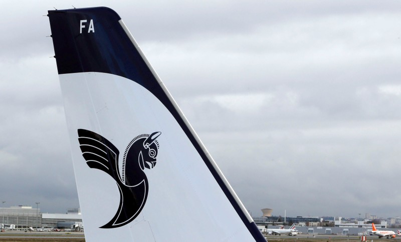 FILE PHOTO: A logo of IranAir is pictured on an Airbus A321 during the first delivery as the company takes delivery of the first new Western jet under an international sanctions deal in Colomiers