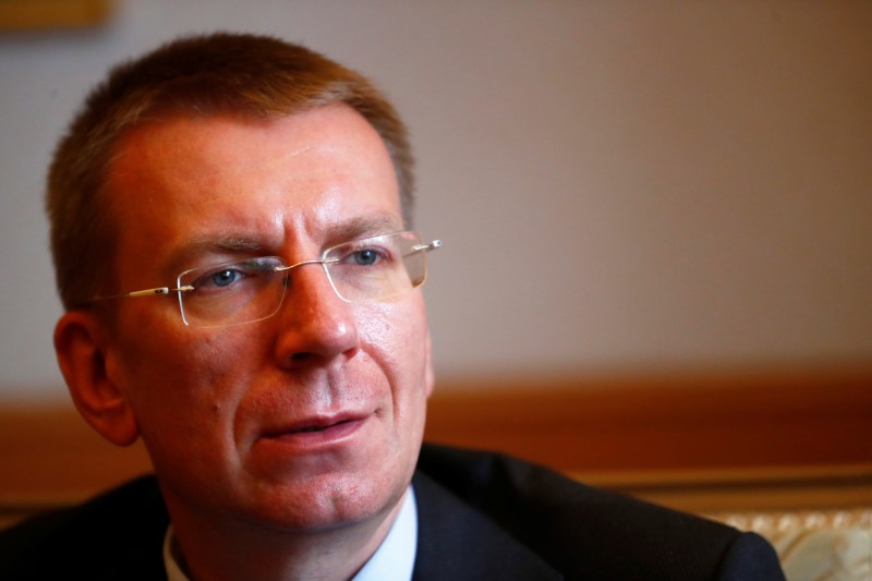 Latvia's Foreign Minister Edgars Rinkevics speaks during an interview in Riga