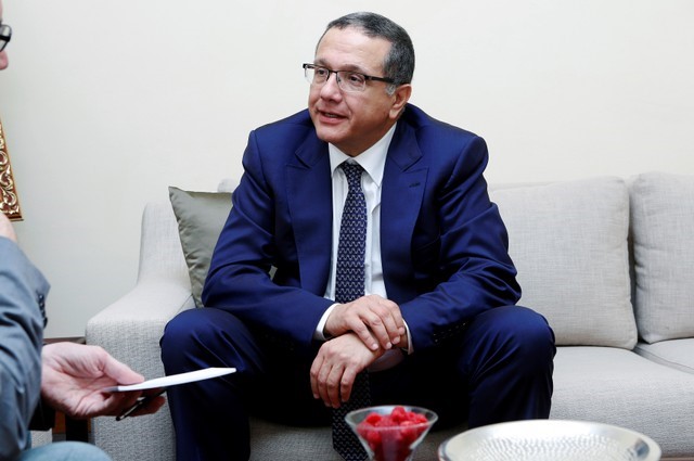 Moroccan Minister of Economy and Finance Mohamed Boussaid speaks during an interview with Reuters journalist, during the IMF economic conference in Marrakech