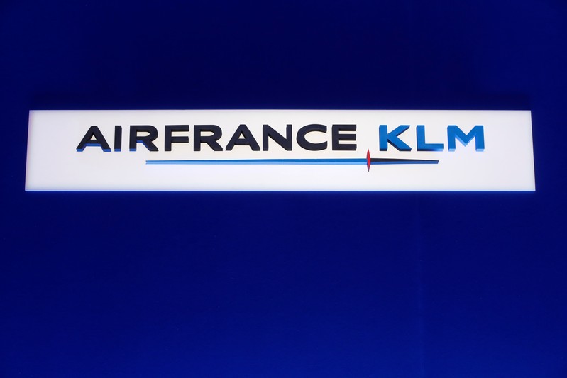 The Air France-KLM company logo is seen during the company's half-year results in Paris