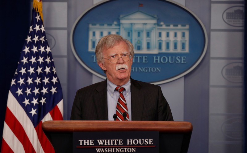 U.S. National Security Advisor Bolton addresses the news media at White House podium in Washington