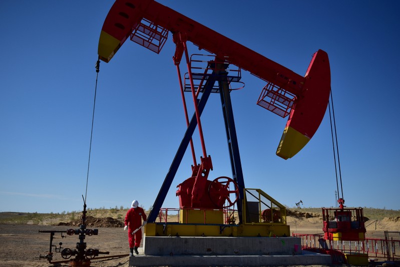 FILE PHOTO Worker inspects a pump jack at an oil field in Tacheng, Xinjiang