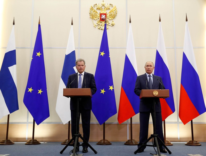 Finnish President Niinisto and Russian President Putin attend a joint news conference following their meeting at the Bocharov Ruchei state residence in Sochi