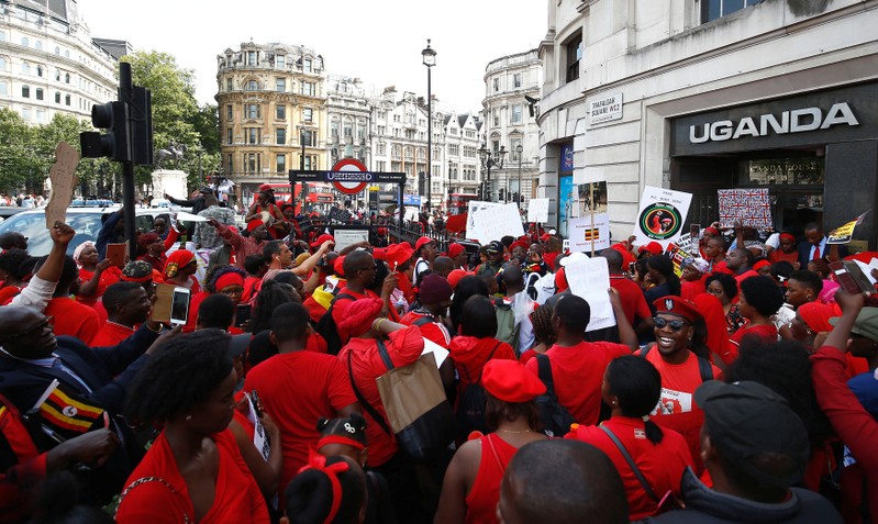 Protesters demonstrate against Ugandan President Yoweri Museveni outside Uganda House in London