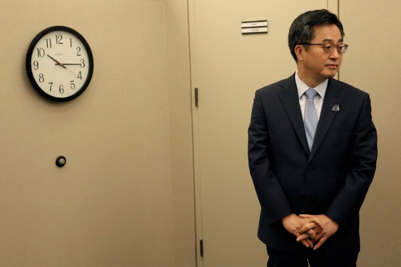 FILE PHOTO - South Korean Finance Minister Kim Dong-yeon waits for U.S. Treasury Secretary Steve Mnuchin before their meeting during the IMF/World Bank annual meetings in Washington