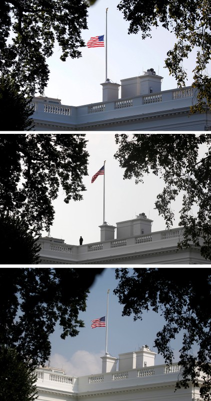 Flag atop White House flies at half staff Sunday in honor of Senator McCain, back to full staff Monday morning and then back to half-staff Monday afternoon in Washington