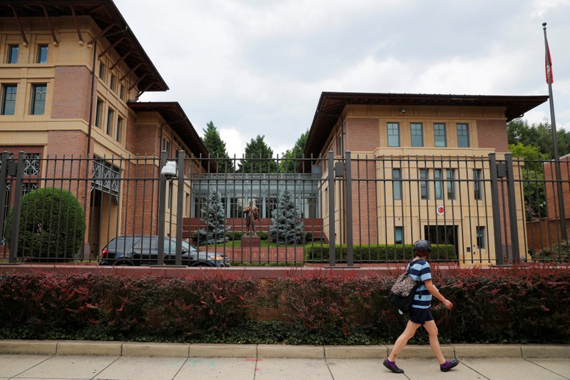 A pedestrian passes the Embassy of Turkey in Washington