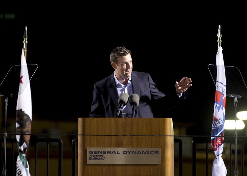 FILE PHOTO - U.S. Congressman Hunter speaks at the launch of the Isla Bella during a nighttime ceremony at General Dynamics NASSCO shipyard in San Diego