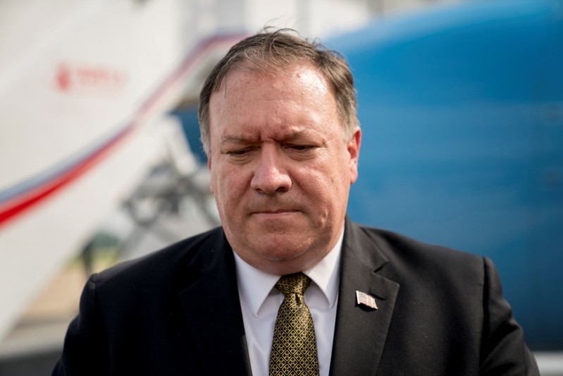 FILE PHOTO: U.S. Secretary of State Mike Pompeo pauses while speaking to members of the media before boarding his plane at Sunan International Airport in Pyongyang