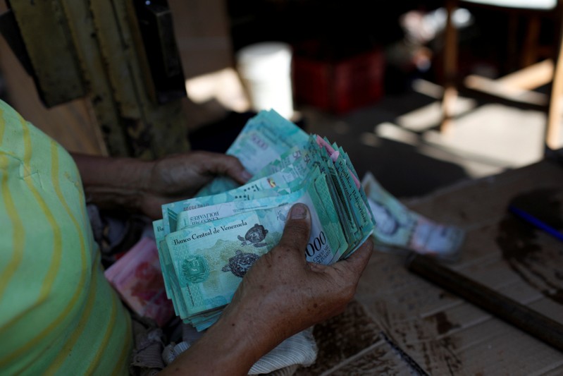 FILE PHOTO: A woman counts Venezuelan bolivar notes in her stall at Las Pulgas market in Maracaibo