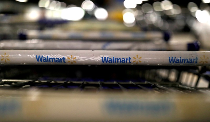 FILE PHOTO: The logo of Walmart is seen on shopping trolleys at their store in Sao Paulo