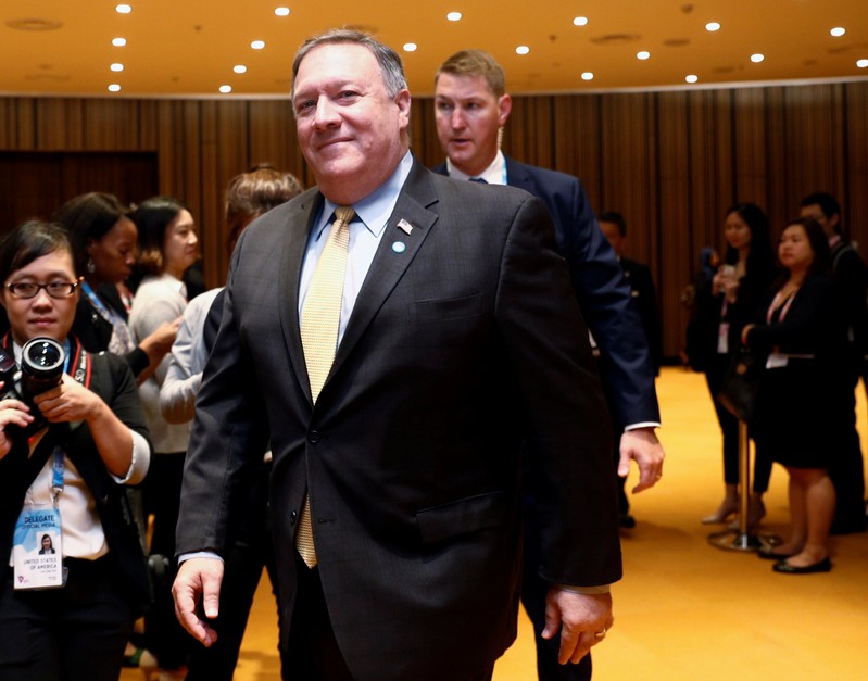U.S. Secretary of State Mike Pompeo arrives to meet with South Korea's Foreign Minister Kang Kyung-wha on the sidelines of the ASEAN Foreign Ministers' Meeting in Singapore