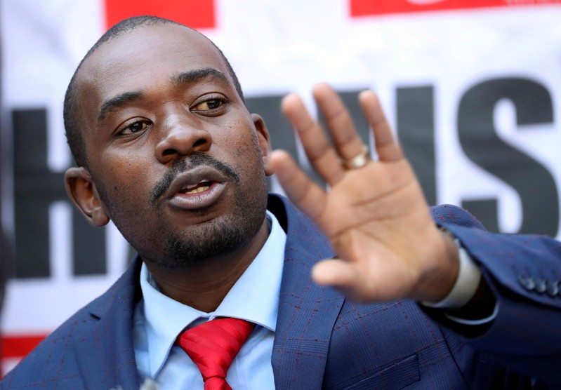 Opposition Movement for Democratic Change (MDC) leader Nelson Chamisa addresses a media conference following the announcement of election results in Harare