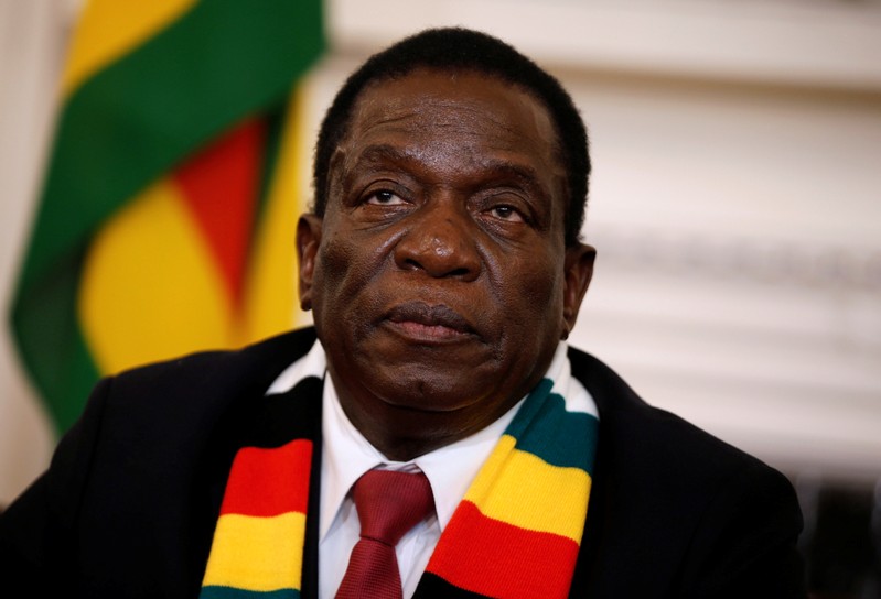 Zimbabwe's President Emmerson Mnangagwa looks on as he gives a media conference at the State House in Harare