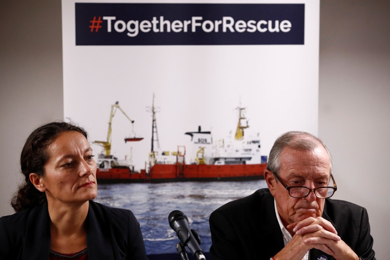 Sophie Beau, Vice-President of the International Network of SOS Mediterranee, and Francis Vallat, President of SOS Mediterranee France, attend a news conference about the Aquarius after Panama revoked their registration in Paris