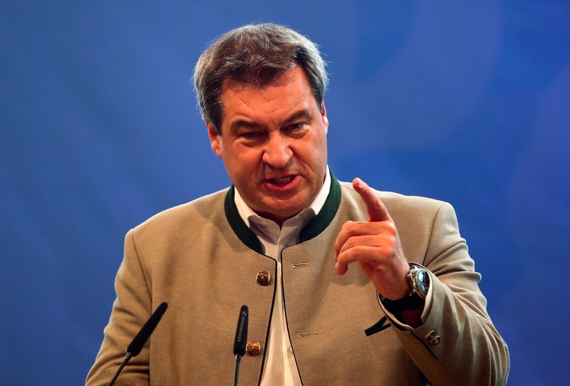 FILE PHOTO - Bavarian State Prime Minister Markus Soeder of the Christian Social Union (CSU) gives a speech during an election rally at one of Bavaria's oldest fairs, the Gillamoos Fair in Abensberg