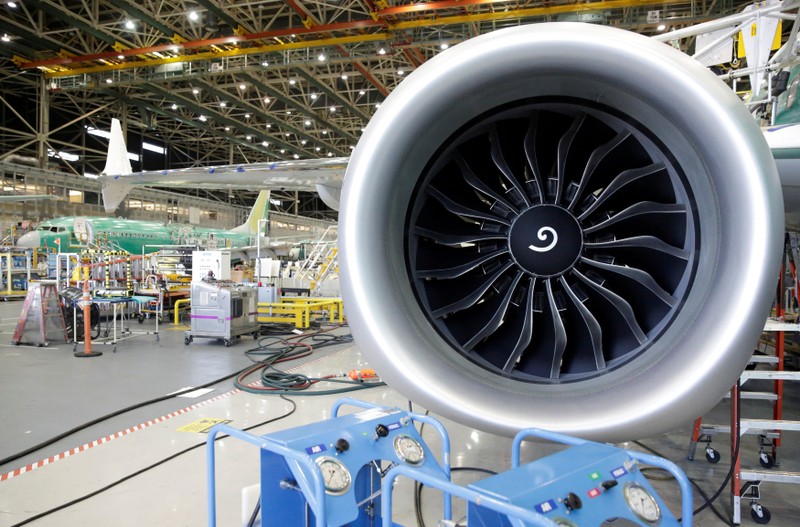 FILE PHOTO: An engine of Boeing's new 737 MAX-9 is pictured under construction at their production facility in Renton, Washington