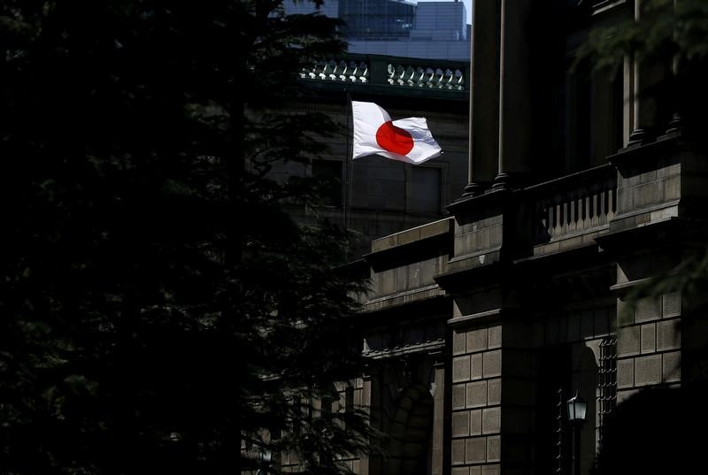 FILE PHOTO: A Japanese flag flutters on the Bank of Japan building in Tokyo
