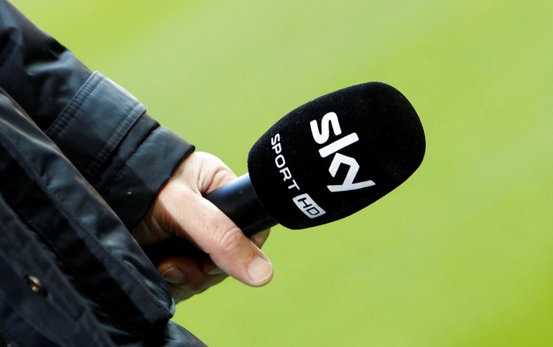 FILE PHOTO: A microphone of Sky Sport TV station is seen before the German Bundesliga first division soccer match between Bayern Munich and Hoffenheim in Munich