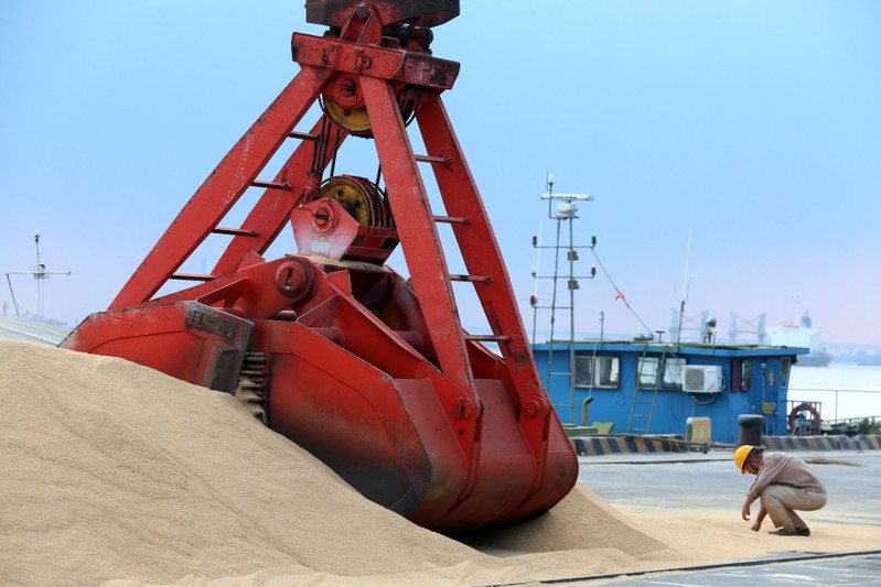 FILE PHOTO: Imported soybeans are transported at a port in Nantong