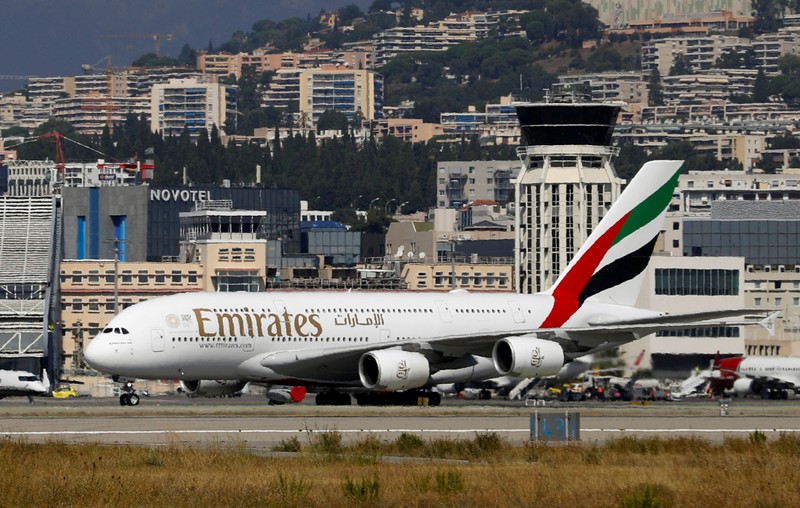 FILE PHOTO - An Emirates Airbus A380 plane is seen at Nice International airport in Nice
