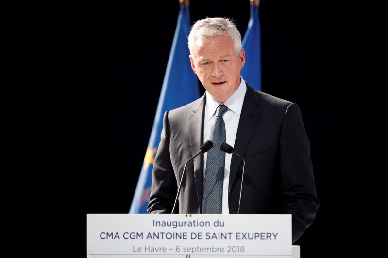 FILE PHOTO - French Economy Minister Bruno Le Maire delivers a speech during the official inauguration of the CMA CGM Antoine de Saint Exupery container ship in Le Havre