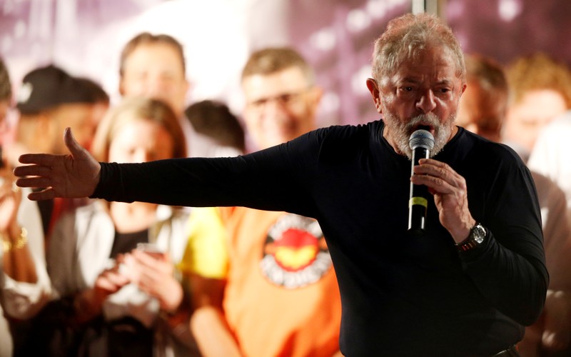 Former Brazilian President Luiz Inacio Lula da Silva speaks during a rally in Curitiba