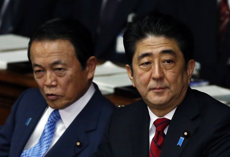 Japan's Prime Minister Abe and Japan's Deputy Prime Minister and Finance Minister Aso sit at the lower house of the parliament in Tokyo