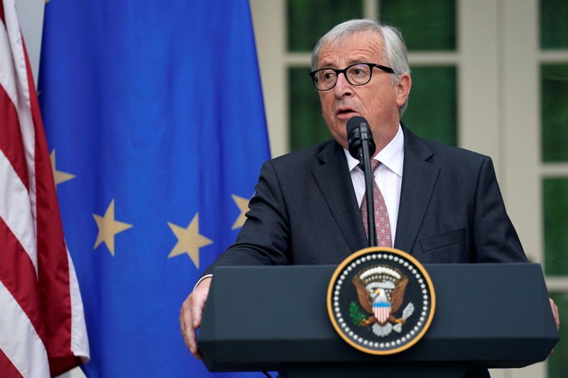 President of the European Commission Jean-Claude Juncker and U.S. President Donald Trump speak about trade relations in the Rose Garden of the White House in Washington