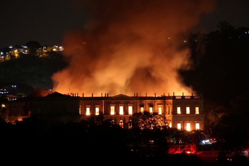 A fire blazes at the National Museum of Brazil in Rio de Janeiro