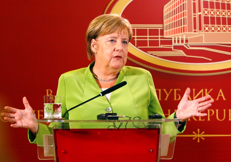 FILE PHOTO - German Chancellor Angela Merkel speaks during a news conference in Skopje