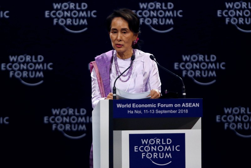 Myanmar State Counsellor Aung San Suu Kyi speaks at the plenary session of the World Economic Forum on ASEAN at the Convention Center in Hanoi