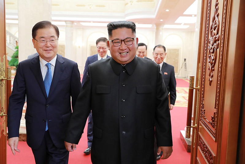 Chief of the national security office at Seoul's presidential Blue House Chung Eui-yong meets with North Korean leader Kim Jong Un in Pyongyang